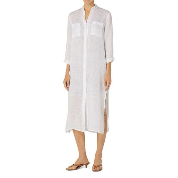Enza Costa Dresses & Skirts - Enzo Costa 100% White Linen Collarless Bracelet Length Sleeve Shirt Dress 3 L